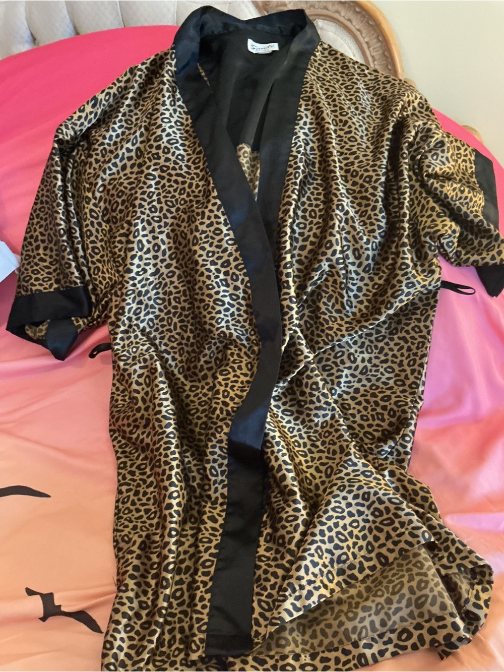 Sante Women's Leopard Satin Like Kimono Robe- Black Trim 1X